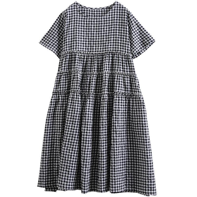 Cotton Linen Short Sleeve Plaid Dress - Omychic