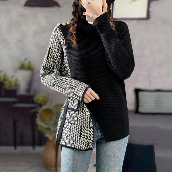 Vintage Patchwork Plaid Sweater Women  New Style Turtleneck Collar Long Sleeve Split Loose - Omychic