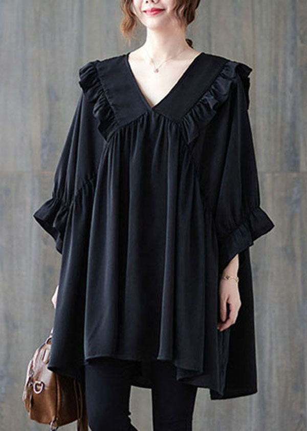 Oversized Black V Neck Ruffled Patchwork Cotton Shirt Top Summer