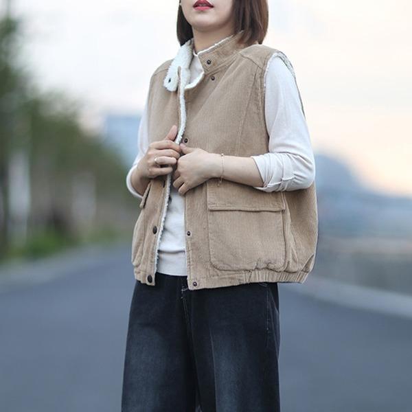 2020 Autumn New Button Stand Sleeveless Pockets Solid Color Warm Casual Women Vests - Omychic