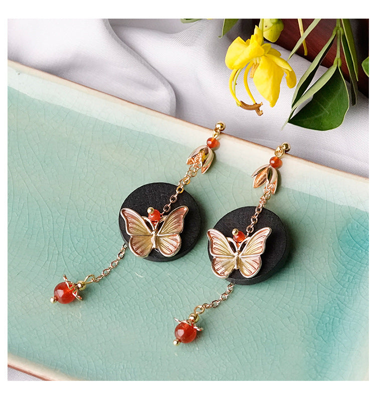 Simple Fashion Red Agate Earrings Retro Wooden Earrings