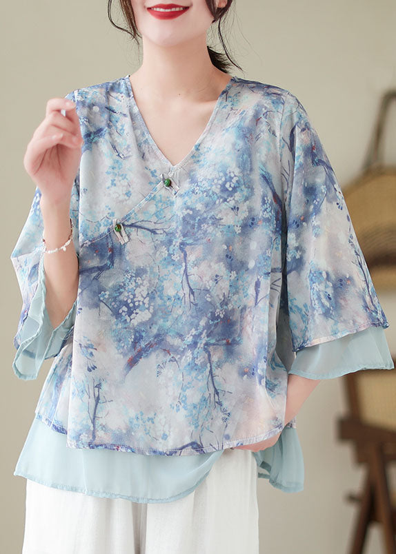 Boutique Blue Print Chinese Button Patchwork Chiffon Top Summer