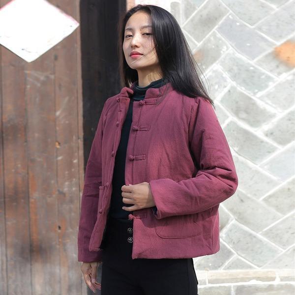 Women Chinese Style Parkas Cotton Linen Vintage Stand Coat - Omychic