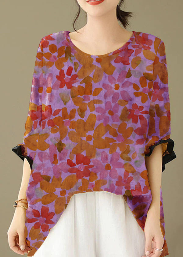 Purple flower Print Patchwork Cotton Loose Tops O Neck Summer