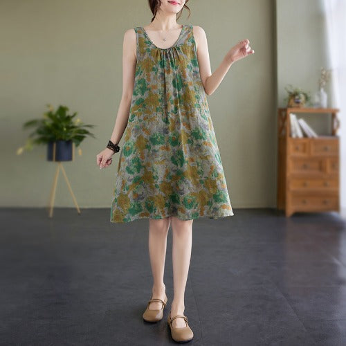 Women Summer Retro Print Loose Sleeveless Dress