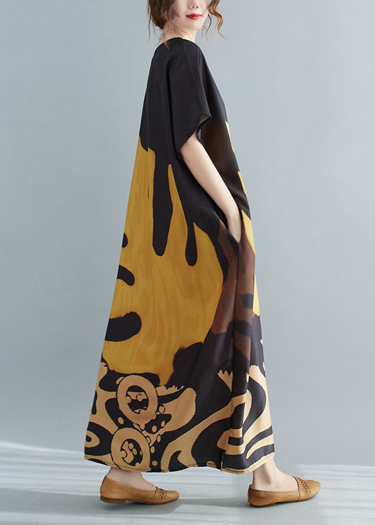 Loose Black V Neck Oversized Leaf Print Chiffon Long Dress