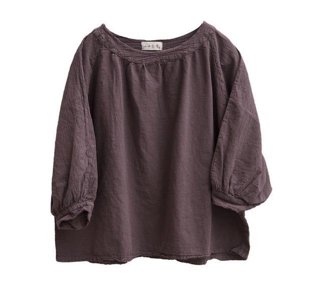 Women Loose Cotton Linen Solid Color T-shirt - Omychic