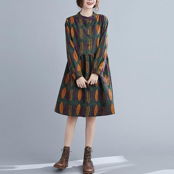 Arrival 2020 Autumn Vintage Print Stand Collar Loose Ladies Knee-length A-line Dresses - Omychic