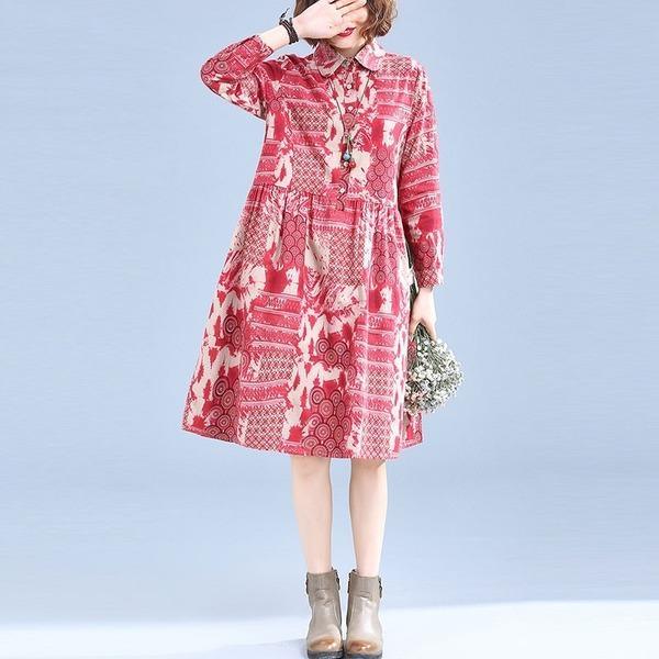 New 2020 Autumn Vintage Print Peter Pan Collar Knee-length Ladies Elegant A-line Dresses - Omychic