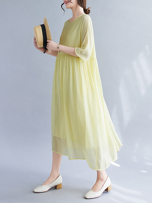 Pleated See-Through Solid Color Split-Joint  Midi Dress