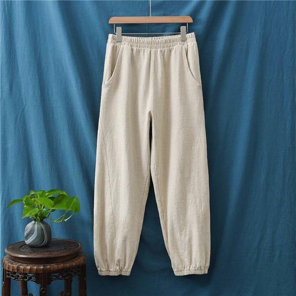 Loose Ramie Elastic Waist Pants Loose Vintage Solid Color Trousers - Omychic