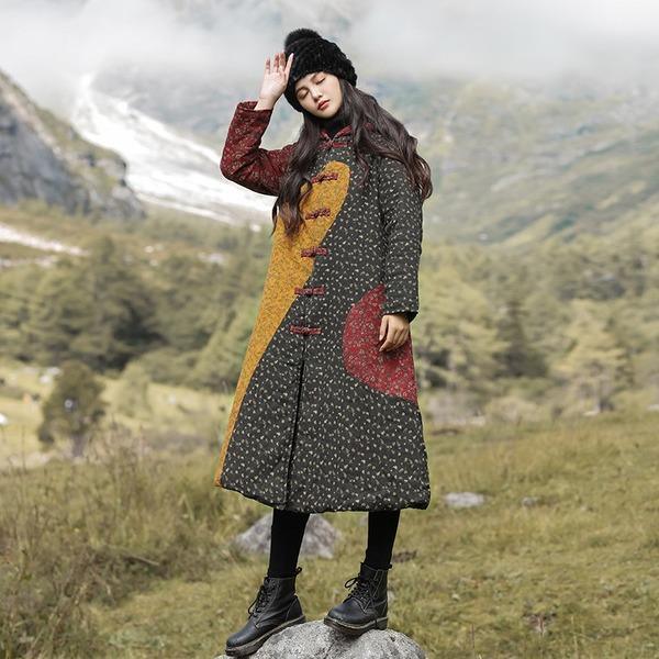 Print Floral Chinese Style Winter Women Clothing Warm Parkas - Omychic