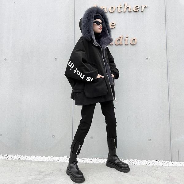 Patchwork Pockets Letter Zipper Parka Women 2020 Winter Casual Fashion Style Temperament All Match Women Clothes - Omychic