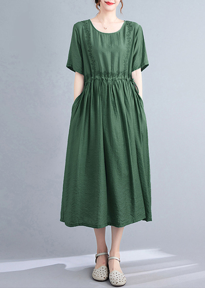 Women Blackish Green Embroideried Cinched Linen Silk Dress Summer
