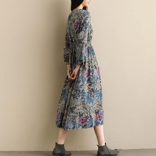 Vintage Style V-neck Print Elastic Waist Elegant A-line Ladies Casual Dress - Omychic
