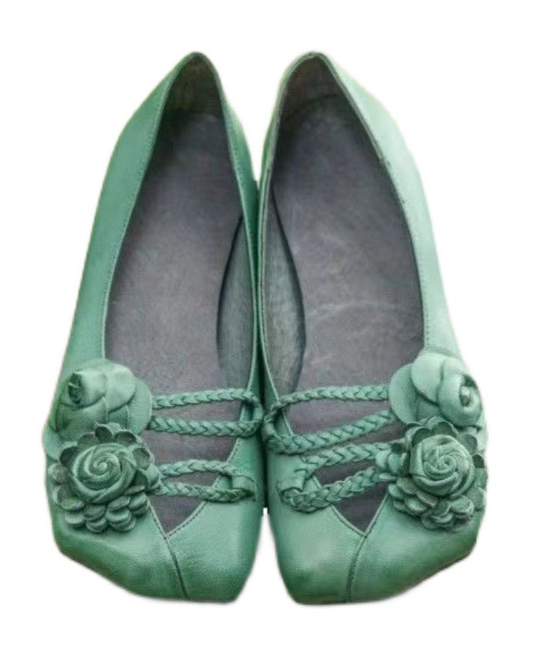 Soft Green Flower Cross Strap Leather Flat Shoes