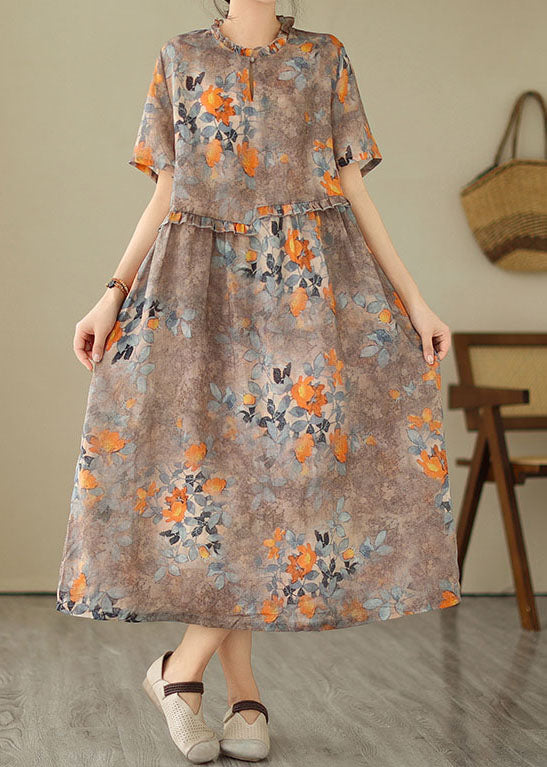 Women Khaki Ruffled Print Patchwork Cotton Dress