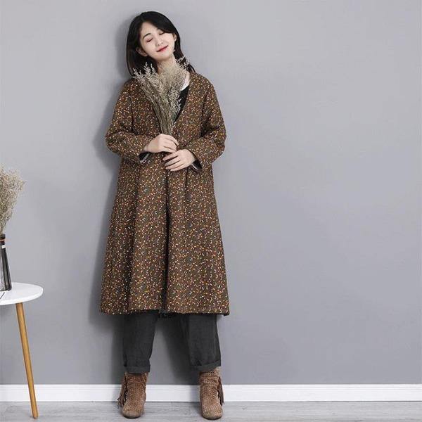 Winter Fashion V-neck Floral Print Cotton Linen Long Coat  Casual Women Outerwear - Omychic