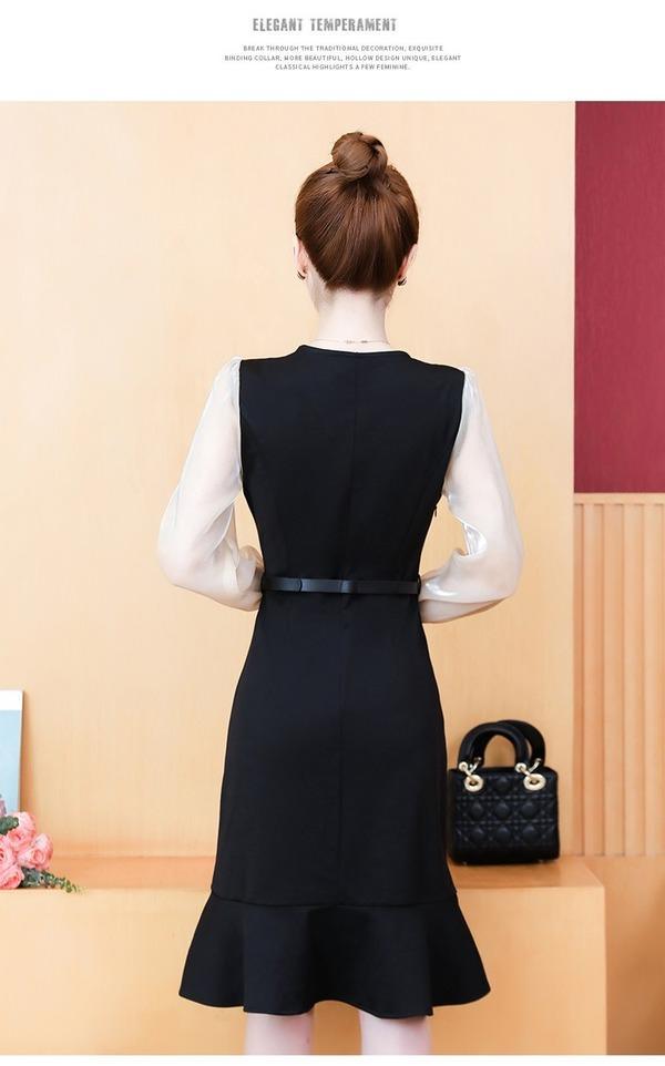 long sleeve black plus size ruffle women casual midi autumn dress - Omychic