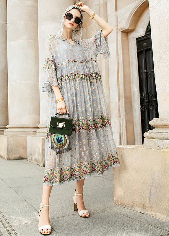 Boutique Grey V Neck Embroidered Tulle Dresses Two Pieces Set - Omychic