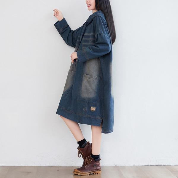 Denim Hooded Dress Ladies Bleached Ripped Irregular Length Denim Dresses Female 2020 Scratched Dress - Omychic