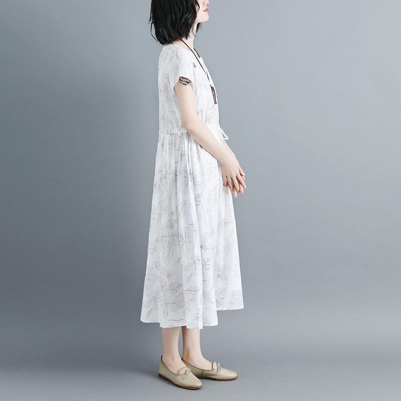 Women Short Sleeve Printed Lacing White Dress - Omychic