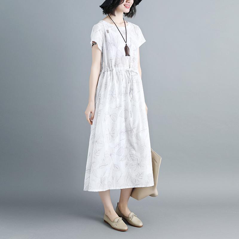 Women Short Sleeve Printed Lacing White Dress - Omychic