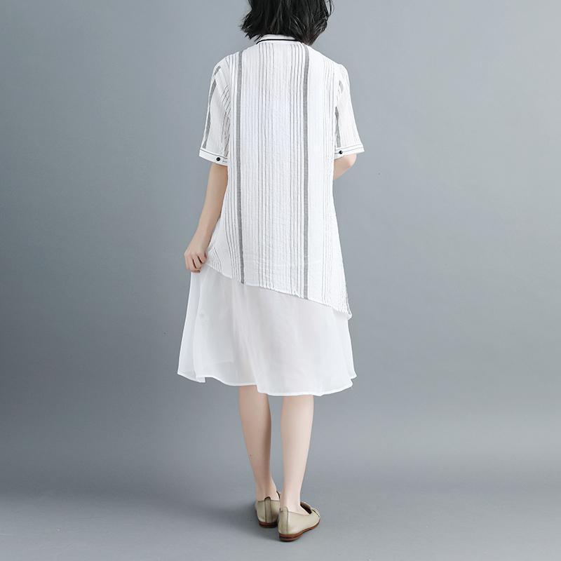 Women Stand Collar Single Breasted Stripe White Dress - Omychic