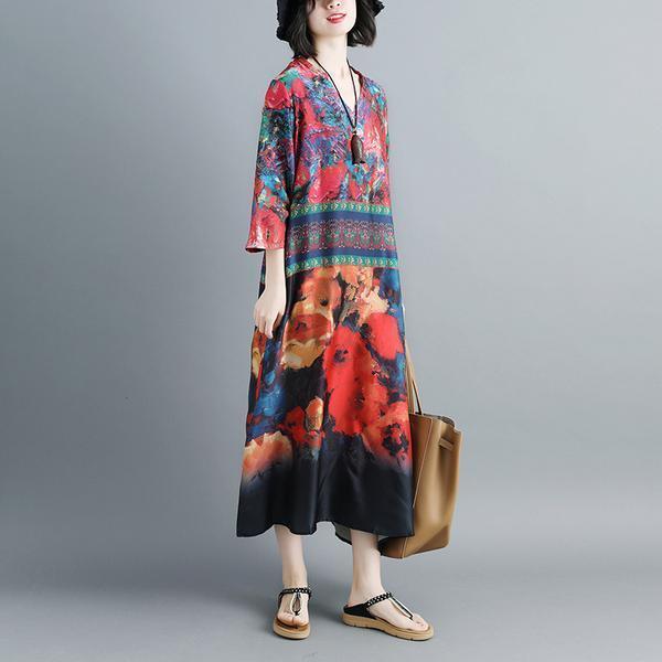 Women Summer V Neck Printed 1/2 Sleeve Dress - Omychic