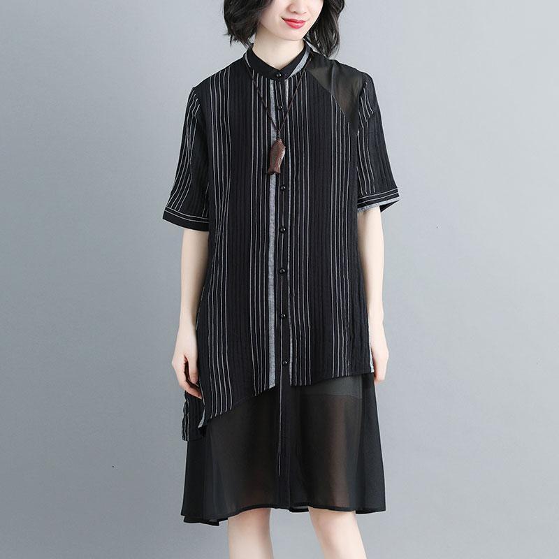 Women Stand Collar Single Breasted Stripe Black Dress - Omychic