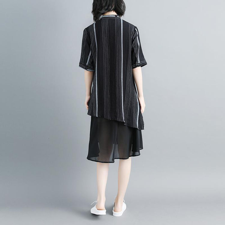 Women Stand Collar Single Breasted Stripe Black Dress - Omychic