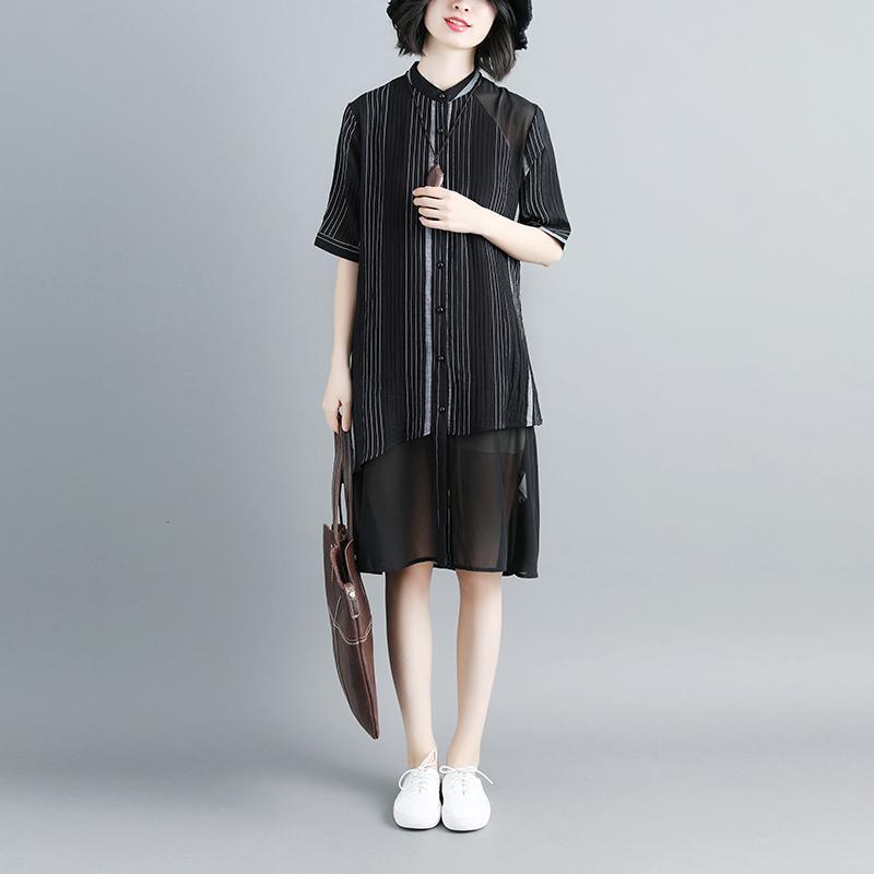Women Stand Collar Single Breasted Stripe Black Dress - Omychic