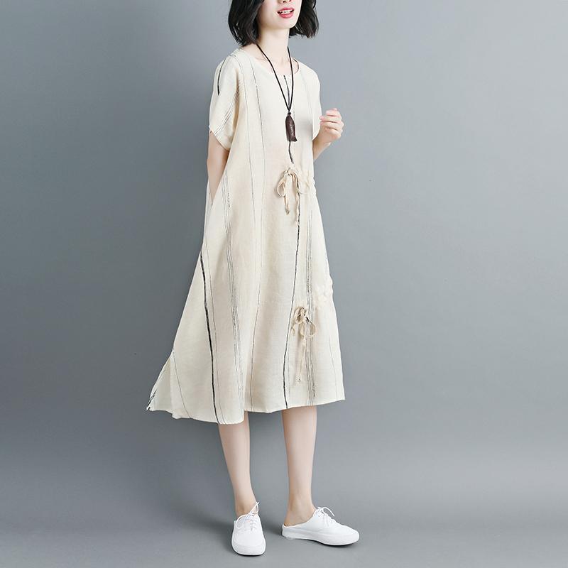 Women Short Sleeve Stripe Beige Drawstring Dress - Omychic