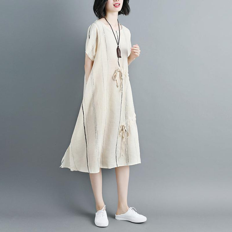 Women Short Sleeve Stripe Beige Drawstring Dress - Omychic