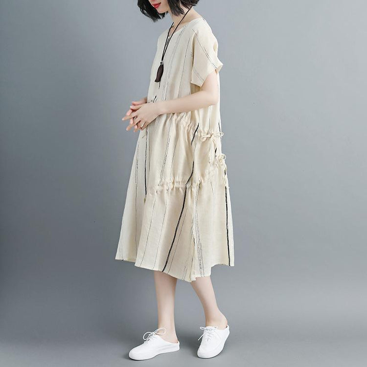 Women Short Sleeve Stripe Beige Drawstring Dress - Omychic