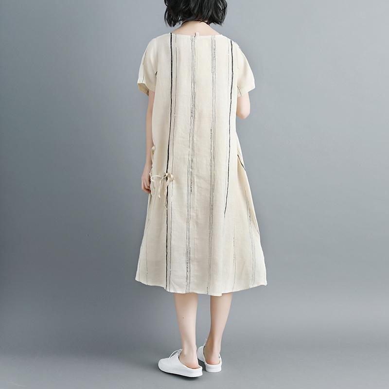 Women Short Sleeve Stripe Beige Drawstring Dress - Omychic