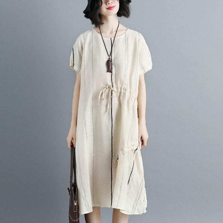 Women Short Sleeve Stripe Beige Drawstring Dress - Omychic