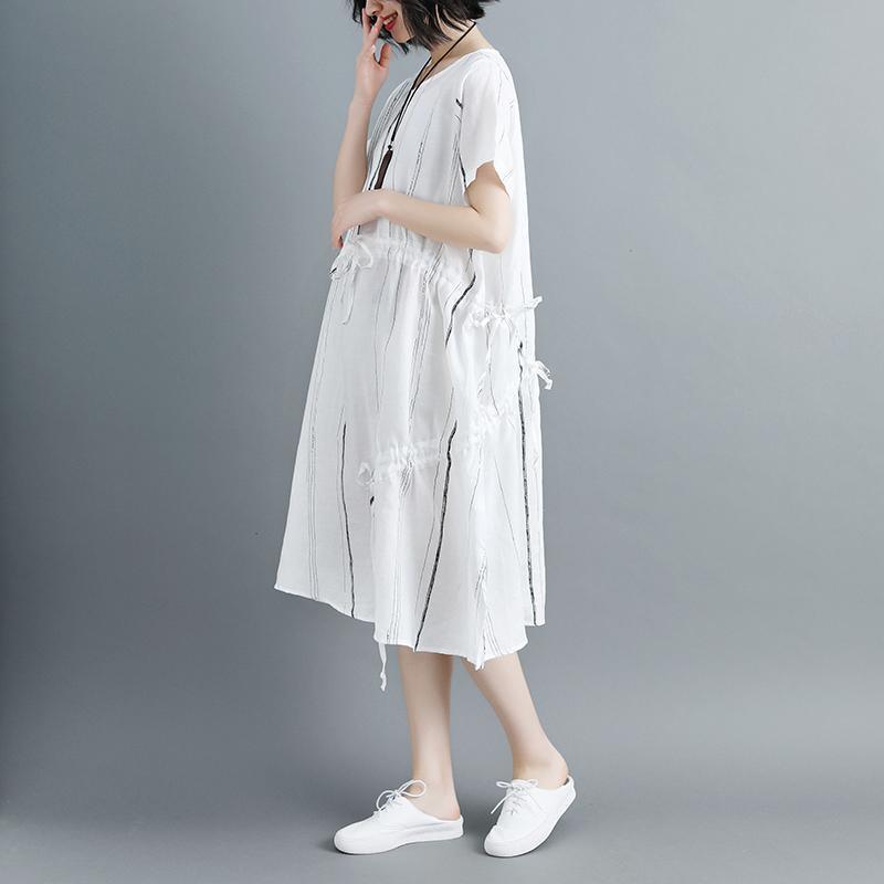 Women Short Sleeve Stripe White Drawstring Dress - Omychic