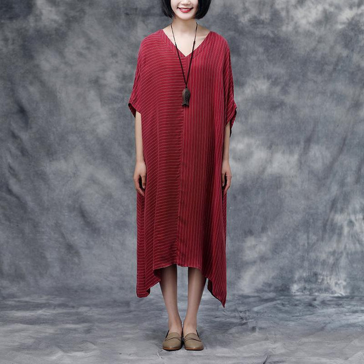 Summer Short Sleeve Stripe Casual Red Long Dress - Omychic