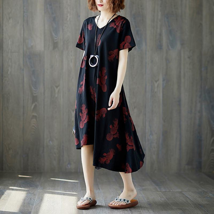 Summer Short Sleeve Red Flower Black Casual  V Neck Dress - Omychic