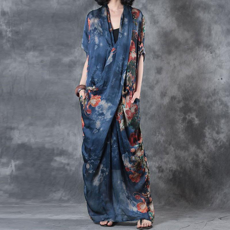 Printing Women Summer Loose Casual Irregular Floral Blue Dress - Omychic