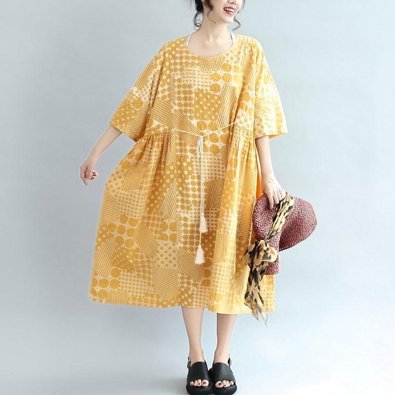 Round Neck Printing Lacing Summer Women Yellow Dress - Omychic
