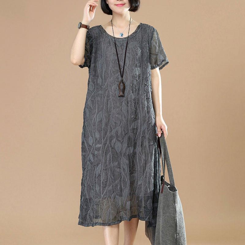 Summer Short Sleeves Women Casual Round Neck Dark Gray Dress - Omychic