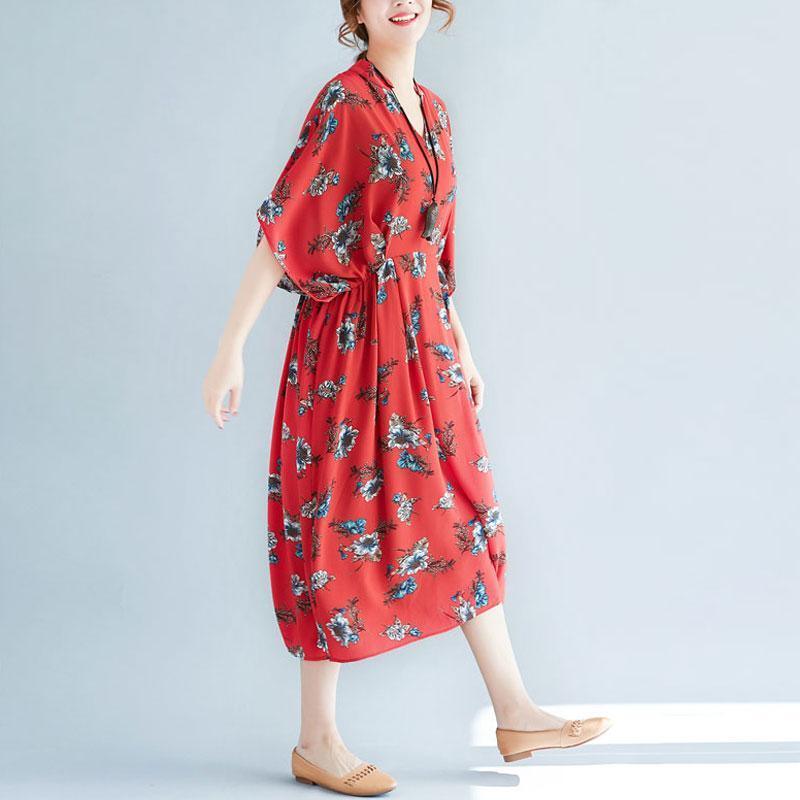 V Neck Loose Plus Size Printed Chiffon Dress - Omychic