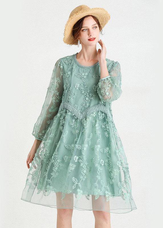 Chic Green O-Neck Tulle A Line Fall Lace Long Sleeve Mid Dress