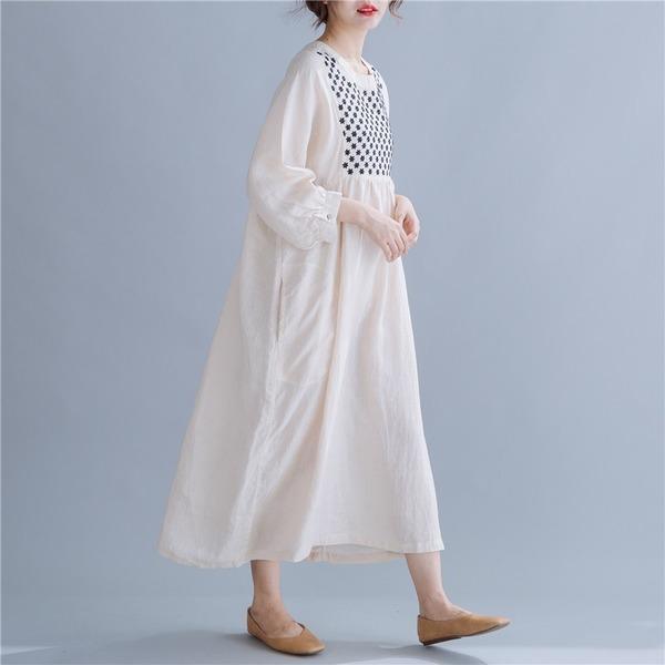 long sleeve cotton linen vintage embroidery plus size women casual loose spring autumn dress - Omychic