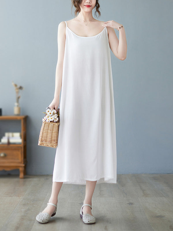 Casual Solid Color Spaghetti-Neck Midi Dress