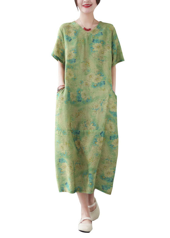 Vintage Green V Neck Print Patchwork Long Cotton Dress Summer