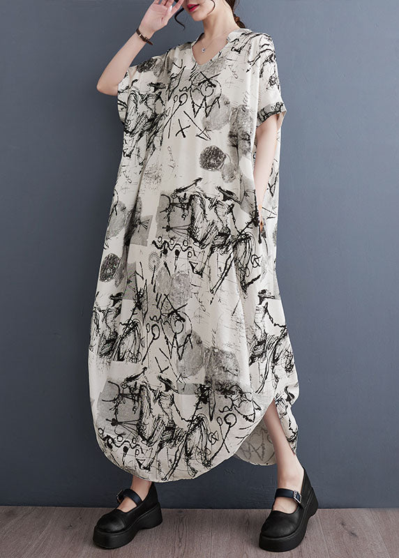 White V Neck Patchwork Long Cotton Dress