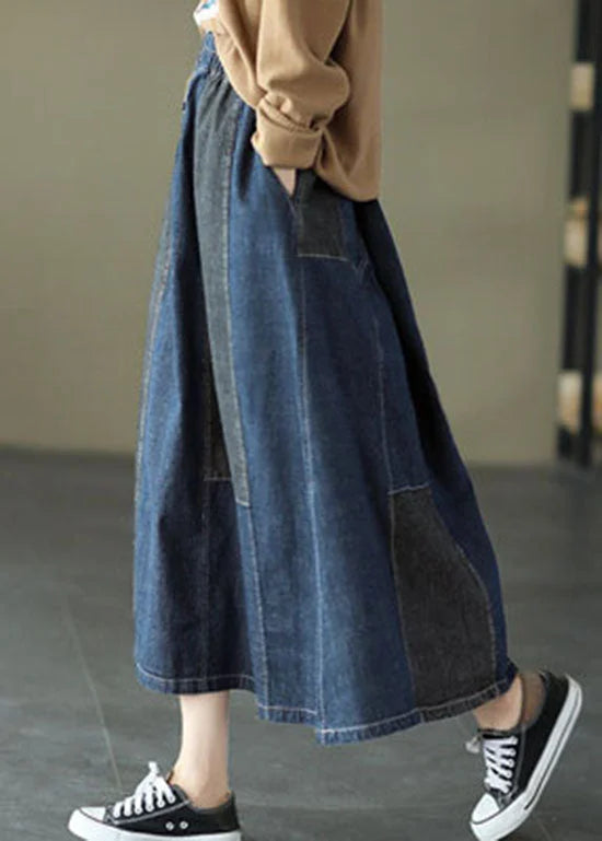 Dark Blue Denim Skirt Elastic Waist Button